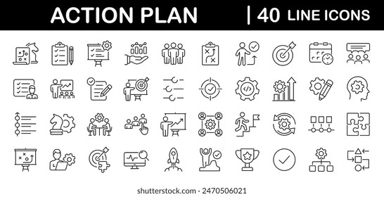 Action plan set of web icons in line style. Strategy action planning icons for web and mobile app. Containing strategy, analysis, planning, strategy, analysis, tasks, goal, implementation and more