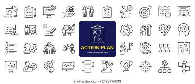 Action plan set of web icons in line style. Strategy action planning icons for web and mobile app. Containing strategy, analysis, planning, strategy, analysis, tasks, goal, implementation and more