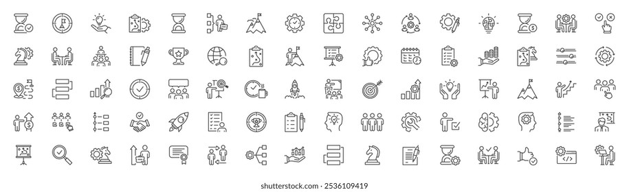 Action plan set of web icons in line style. Strategy, tasks, goal, action, planning, collaboration and analysis. Strategy action planning icons for web and mobile app. Editable stroke. Vector