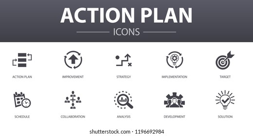 action plan simple concept icons set. Contains such icons as improvement, strategy, implementation, analysis and more, can be used for web, logo, UI/UX