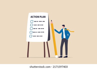 Action plan step by step checklist to progress and finish project, procedure or action steps to develop and complete work concept, businessman present action plan with checklist step on whiteboard.