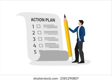 Action plan step by step checklist to progress and finish project, procedure or action steps to develop and complete work concept, businessman present action plan with checklist step on whiteboard.
