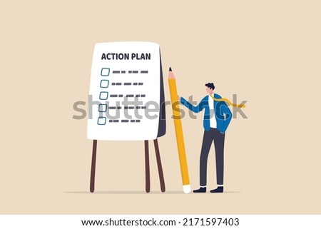 Action plan step by step checklist to progress and finish project, procedure or action steps to develop and complete work concept, businessman present action plan with checklist step on whiteboard.