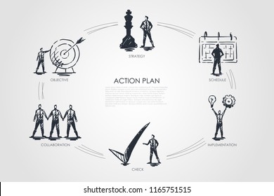 Action plan - strategy, collabororation, check, implementation, objective concept. Hand drawn isolated vector.