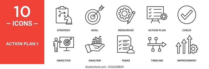 Conjunto de iconos de Plan de acción y estrategia: 10 iconos de línea que incluyen objetivo, recursos, tareas y cronograma