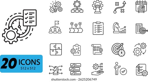 Action Plan and Strategy Icon Set: 20 Outline Vector Illustrations Representing Business Planning