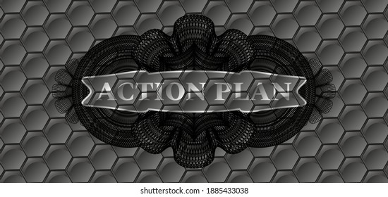 ACTION PLAN text inside Linear grey hexagon pattern realistic emblem. Trendy handsome background. Vector illustration. 