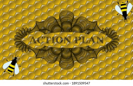 ACTION PLAN text inside Linear sweet honey bees emblem.beekeeping fashionable background. Artistic illustration. 