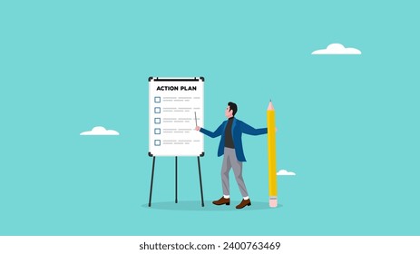 action plan vector illustration, businessman who is writing business plans and strategies on the whiteboard with big pencil, business planning concept, business strategy vector illustration flat style