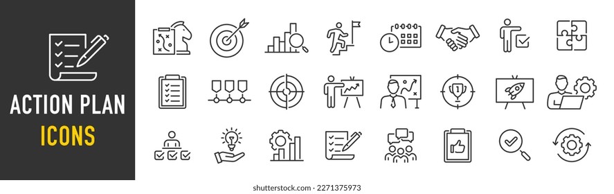 Action plan web icon set in line style. Schedule, plan, implementation, strategy, analysis, collaboration, check, collection. Vector illustration.