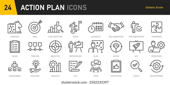 Conjunto de iconos de Web de Plan de acción en estilo de línea. Calendario, Plan, implementación, estrategia, análisis, colaboración, verificación, colección. Ilustración vectorial.	