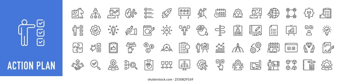 Action plan web icon set in line style. Schedule, plan, implementation, strategy, analysis, collaboration, check, collection. Vector illustration.	