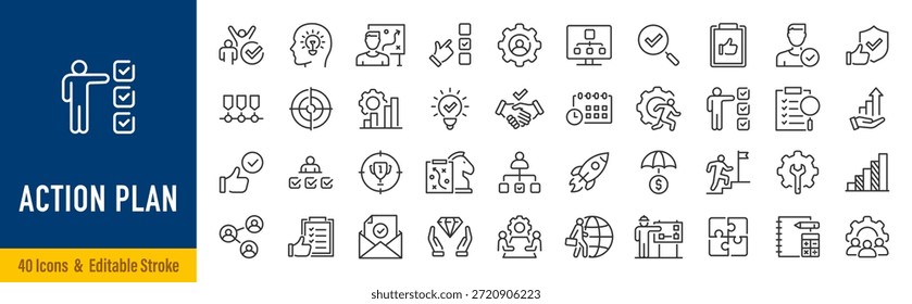 Action plan web icon set in line style. Schedule, plan, implementation, strategy, analysis, collaboration, check, collection. Editable stroke. Vector illustration.	