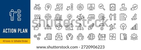 Action plan web icon set in line style. Schedule, plan, implementation, strategy, analysis, collaboration, check, collection. Editable stroke. Vector illustration.	