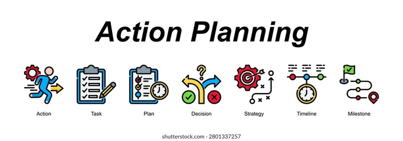 Action Planning banner web icon vector illustration concept with an icon of Action, Task, Plan, Decision, Strategy, Timeline, Milestone