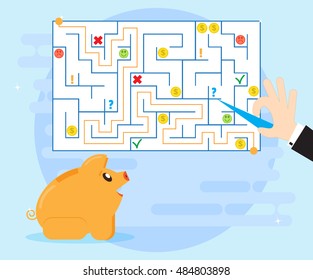 Action planning and good strategy to overcome difficulties and obstacles, to find a way out of a difficult situation. Happy pig piggybank learns financial planning. Improving financial Literacy