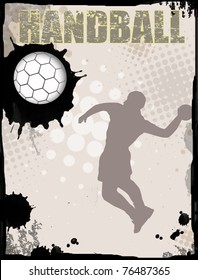 Action player on grunge background, vector illustration. Handball grunge poster