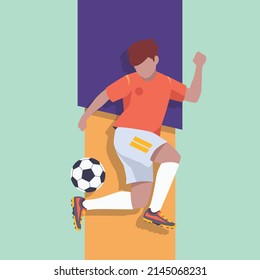 An action player is playing soccer football for exercise. Football 2022. Colored flat graphic vector illustration.