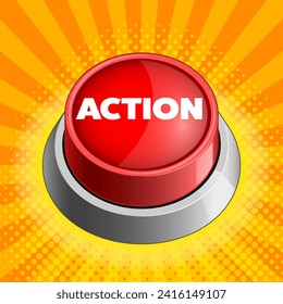 Action red button on yellow colorful bright background vector illustration. Concept illustration. Hand drawn color vector illustration.