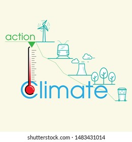 Action To Reduce Global Warming And Climate Change Infographic. Graph Moving Down As A Gimmick Representing Sustainable Solutions. Vector Illustration Outline Flat Design Style.