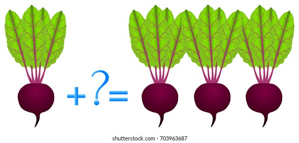 Action relationship of addition, examples with beets. Educational game for children.