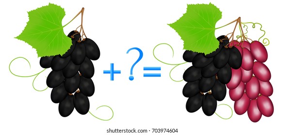Action relationship of addition, examples with grapes. Educational game for children.