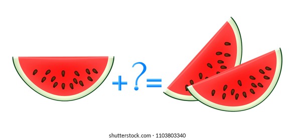 Action relationship of addition, examples with slices of watermelon. Educational game for children.