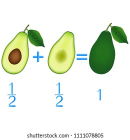 Action relationship of addition halves, examples with avocado. Educational game for children.