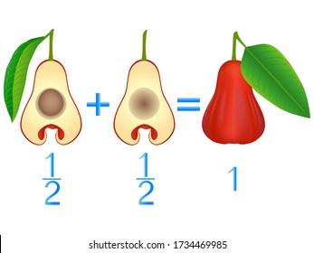 Action relationship of addition halves, examples with rose apples. Educational game for children.