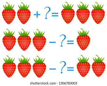Action relationship of addition and subtraction, examples with of a strawberry. Educational games for children.