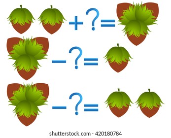 Action relationship of addition and subtraction, examples with hazelnuts. Educational game for children.