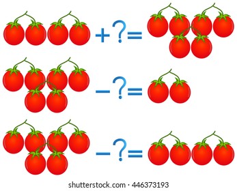 Action relationship of addition and subtraction, examples with tomatoes.