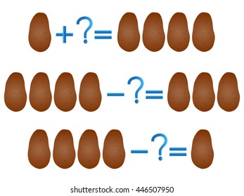 Action relationship of addition and subtraction, examples with potato. Educational games for children. 