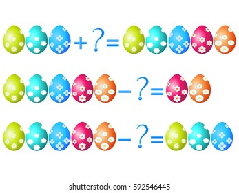 Action relationship of addition and subtraction, examples with with easter eggs. Educational game for children.