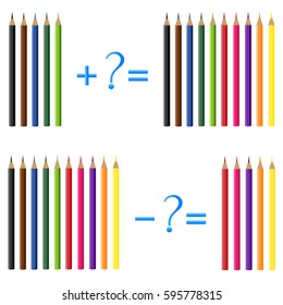 Action relationship of addition and subtraction, examples with pencils. Educational games for children.