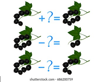 Action relationship of addition and subtraction, examples with black currant. Educational games for children.