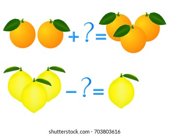 Action relationship of addition and subtraction, examples with lemons and oranges. Educational games for children.