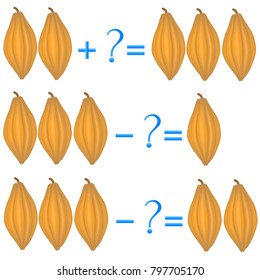 Action relationship of addition and subtraction, examples with cocoa fruit. Educational games for children.