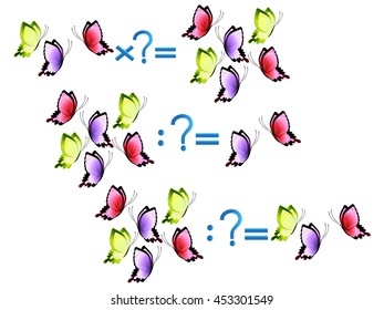 Action relationship of division and multiplication, examples with butterflies. Educational game for children. 
