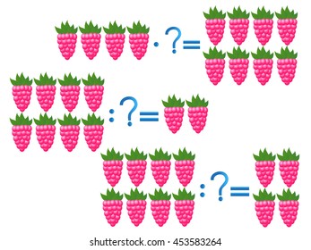 Action relationship of division and multiplication, examples with raspberry. Educational game for children.