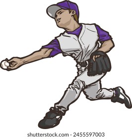 the action of a right-handed underhand pitcher pitching vigorously in a baseball game