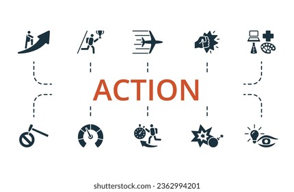 Action set. Creative icons: ascent, solid start, speed, power hit, scope, breaking limits, indicator, acceleration, exploding, acumen.