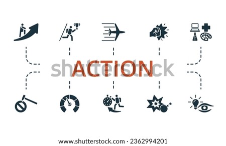 Action set. Creative icons: ascent, solid start, speed, power hit, scope, breaking limits, indicator, acceleration, exploding, acumen.