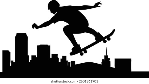 An action shot of a skateboarder silhouette performing a trick, set against a cityscape backdrop, expressing youthful vigor and adrenaline.