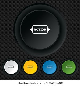 Action sign icon. Motivation button with arrow. Round colourful buttons on black texture. Vector
