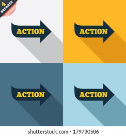 Action sign icon. Motivation button with arrow. Four squares. Colored Flat design buttons. Vector