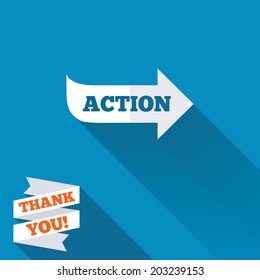Action sign icon. Motivation button with arrow. White flat icon with long shadow. Paper ribbon label with Thank you text. Vector