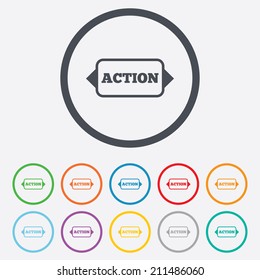 Action sign icon. Motivation button with arrow. Round circle buttons with frame. Vector