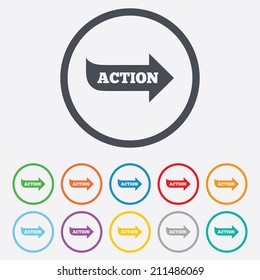 Action sign icon. Motivation button with arrow. Round circle buttons with frame. Vector