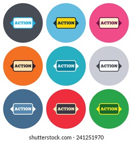 Action sign icon. Motivation button with arrow. Colored round buttons. Flat design circle icons set. Vector